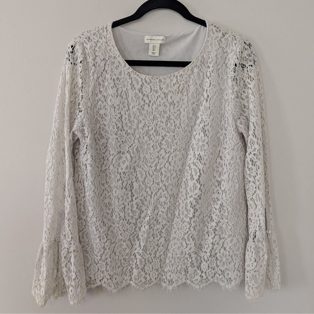 Adrienne Vittadini Women's Lacey Top LARGE Boho Festival Fairy Flare Sleeve Gray